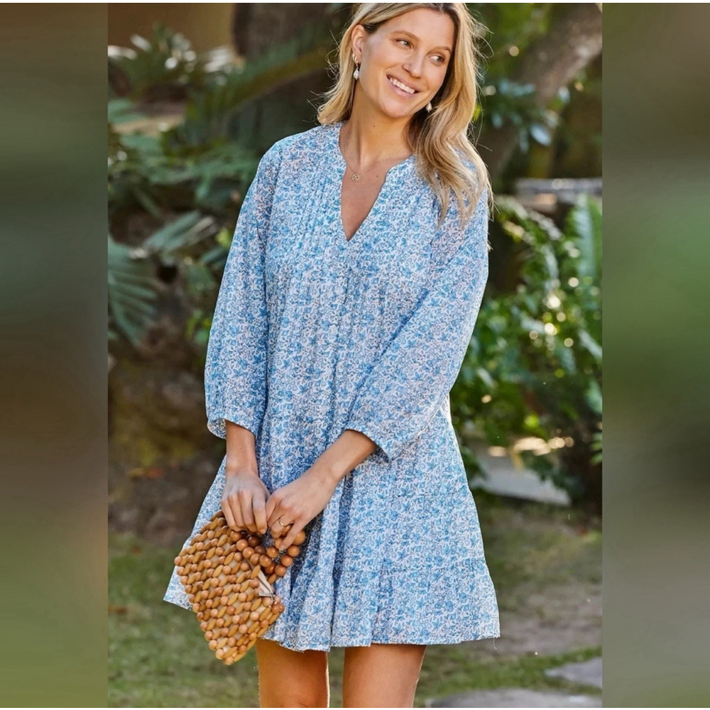 Lake Eloise NEW Pintuck Cotton Blue Delft Garden Floral Tiered 3/4 Sleeve Small